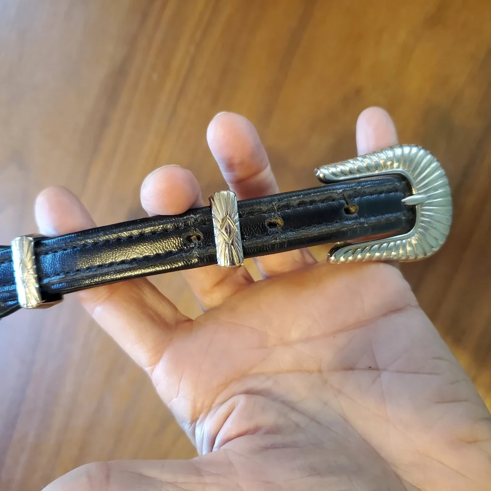 Vintage Dundee Black Braided Leather Belt Silver Interwoven & Western Buckle 28